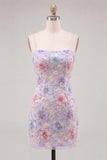 Lilac Floral Bodycon Spaghetti Straps Short Homecoming Dress with Beading