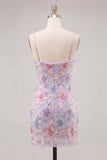Lilac Floral Bodycon Spaghetti Straps Short Homecoming Dress with Beading
