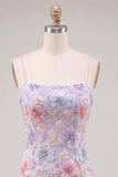 Lilac Floral Bodycon Spaghetti Straps Short Homecoming Dress with Beading