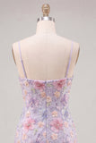 Lilac Floral Bodycon Spaghetti Straps Short Homecoming Dress with Beading