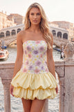 Strapless Pink Floral Tiered A-Line Homecoming Dress with Sequins