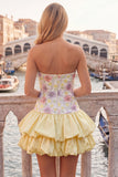 Strapless Pink Floral Tiered A-Line Homecoming Dress with Sequins