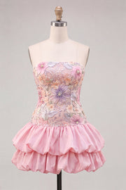 Strapless Pink Floral Tiered A-Line Homecoming Dress with Sequins