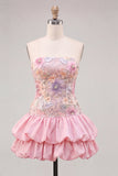 Strapless Pink Floral Tiered A-Line Homecoming Dress with Sequins