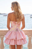 Strapless Pink Floral Tiered A-Line Homecoming Dress with Sequins