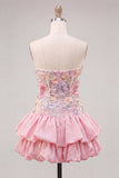Strapless Pink Floral Tiered A-Line Homecoming Dress with Sequins