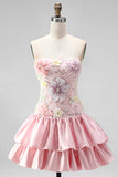 Strapless Pink Floral Tiered A-Line Homecoming Dress with Sequins