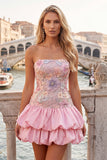 Strapless Pink Floral Tiered A-Line Homecoming Dress with Sequins