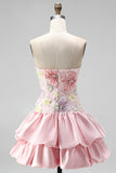 Strapless Pink Floral Tiered A-Line Homecoming Dress with Sequins