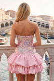 Strapless Pink Floral Tiered A-Line Homecoming Dress with Sequins