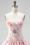 Strapless Pink Floral Tiered A-Line Homecoming Dress with Sequins
