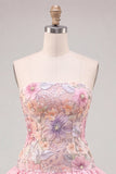 Strapless Pink Floral Tiered A-Line Homecoming Dress with Sequins