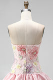 Strapless Pink Floral Tiered A-Line Homecoming Dress with Sequins