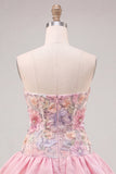 Strapless Pink Floral Tiered A-Line Homecoming Dress with Sequins