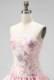 Strapless Pink Floral Tiered A-Line Homecoming Dress with Sequins