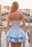 Strapless Pink Floral Tiered A-Line Homecoming Dress with Sequins