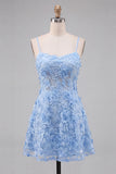 Light Blue Floral A-Line Spaghetti Straps Homecoming Dress with Appliques