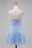 Light Blue Floral A-Line Spaghetti Straps Homecoming Dress with Appliques