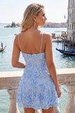 Light Blue Floral A-Line Spaghetti Straps Homecoming Dress with Appliques
