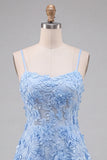 Light Blue Floral A-Line Spaghetti Straps Homecoming Dress with Appliques