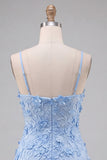 Light Blue Floral A-Line Spaghetti Straps Homecoming Dress with Appliques