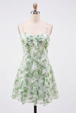 Green A-Line Chiffon Floral Ruffle Spaghetti Straps Short Homecoming Dress