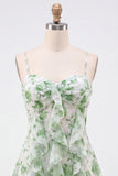 Green A-Line Chiffon Floral Ruffle Spaghetti Straps Short Homecoming Dress