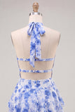 A-Line Chiffon Blue Floral Tiered Halter Neck Short Homecoming Dress
