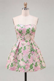 Sweetheart Pink Flower A-Line Jacquard Pearls Homecoming Dress with Bow