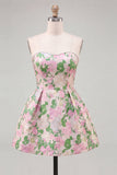 Sweetheart Pink Flower A-Line Jacquard Pearls Homecoming Dress with Bow