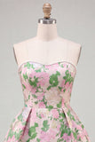 Sweetheart Pink Flower A-Line Jacquard Pearls Homecoming Dress with Bow