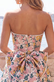 Sweetheart Pink Flower A-Line Jacquard Pearls Homecoming Dress with Bow