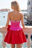 Fuchsia and Red Strapless Beaded A-Line Short Homecoming Dress with Bow