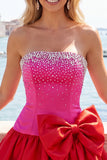 Fuchsia and Red Strapless Beaded A-Line Short Homecoming Dress with Bow