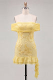 Off the Shoulder Yellow Floral Tight Homecoming Dress with Ruffles