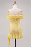 Off the Shoulder Yellow Floral Tight Homecoming Dress with Ruffles