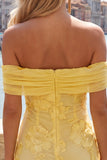 Off the Shoulder Yellow Floral Tight Homecoming Dress with Ruffles