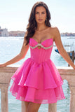 Pink Sweetheart Corset A-Line Tiered Homecoming Dress with Beading