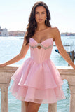 Pink Sweetheart Corset A-Line Tiered Homecoming Dress with Beading