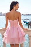 Pink Sweetheart Corset A-Line Tiered Homecoming Dress with Beading