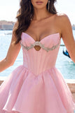 Pink Sweetheart Corset A-Line Tiered Homecoming Dress with Beading