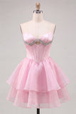 Pink Sweetheart Corset A-Line Tiered Homecoming Dress with Beading
