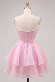 Pink Sweetheart Corset A-Line Tiered Homecoming Dress with Beading