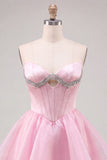 Pink Sweetheart Corset A-Line Tiered Homecoming Dress with Beading