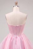 Pink Sweetheart Corset A-Line Tiered Homecoming Dress with Beading
