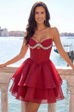 Pink Sweetheart Corset A-Line Tiered Homecoming Dress with Beading
