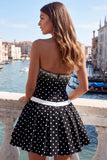 Black White Dots Strapless A-Line Beaded Short Homecoming Dress with Bow