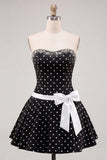Black White Dots Strapless A-Line Beaded Short Homecoming Dress with Bow