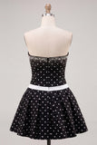 Black White Dots Strapless A-Line Beaded Short Homecoming Dress with Bow