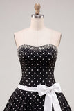Black White Dots Strapless A-Line Beaded Short Homecoming Dress with Bow